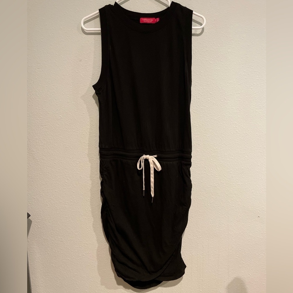 Philanthropy black cotton mini-dress with drawstring waist and side ruch…